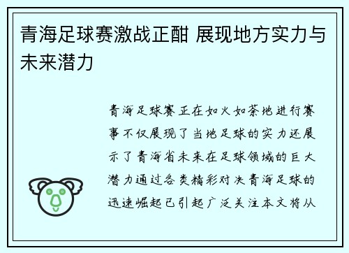 青海足球赛激战正酣 展现地方实力与未来潜力