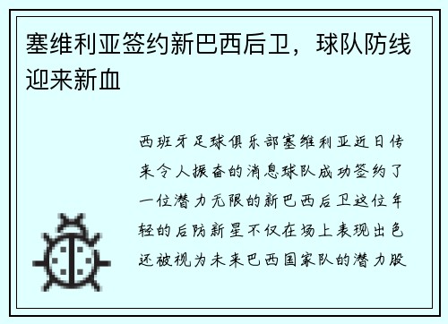 塞维利亚签约新巴西后卫，球队防线迎来新血