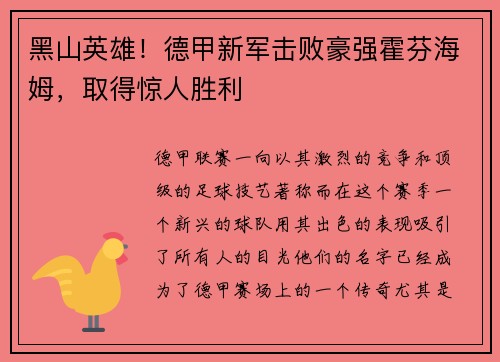 黑山英雄！德甲新军击败豪强霍芬海姆，取得惊人胜利
