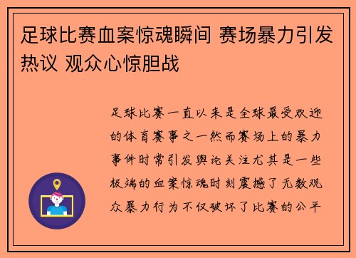 足球比赛血案惊魂瞬间 赛场暴力引发热议 观众心惊胆战