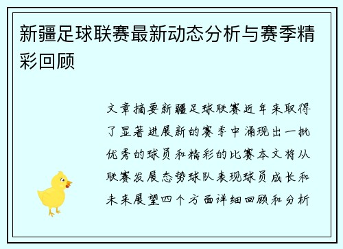 新疆足球联赛最新动态分析与赛季精彩回顾