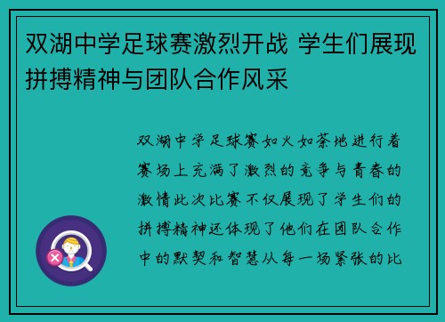 双湖中学足球赛激烈开战 学生们展现拼搏精神与团队合作风采