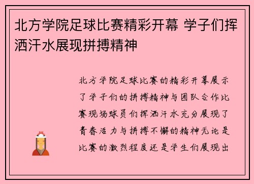 北方学院足球比赛精彩开幕 学子们挥洒汗水展现拼搏精神