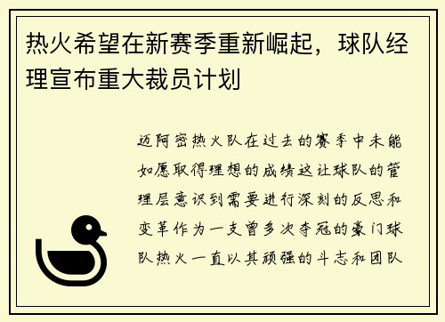 热火希望在新赛季重新崛起，球队经理宣布重大裁员计划