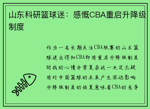 山东科研篮球迷：感慨CBA重启升降级制度