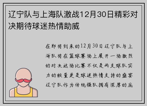 辽宁队与上海队激战12月30日精彩对决期待球迷热情助威