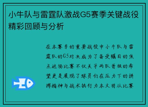 小牛队与雷霆队激战G5赛季关键战役精彩回顾与分析