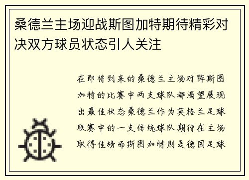 桑德兰主场迎战斯图加特期待精彩对决双方球员状态引人关注