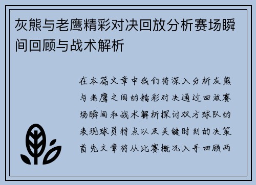 灰熊与老鹰精彩对决回放分析赛场瞬间回顾与战术解析