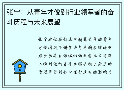张宁：从青年才俊到行业领军者的奋斗历程与未来展望
