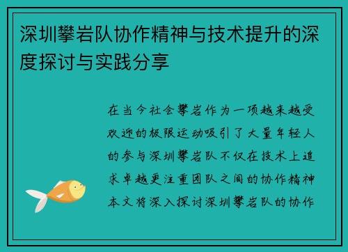 深圳攀岩队协作精神与技术提升的深度探讨与实践分享