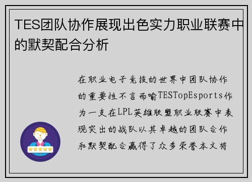 TES团队协作展现出色实力职业联赛中的默契配合分析