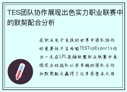 TES团队协作展现出色实力职业联赛中的默契配合分析