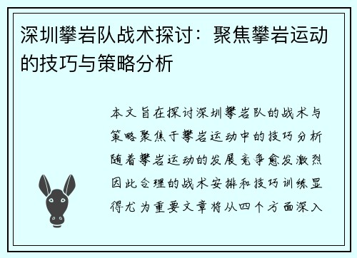 深圳攀岩队战术探讨：聚焦攀岩运动的技巧与策略分析