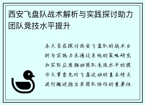 西安飞盘队战术解析与实践探讨助力团队竞技水平提升