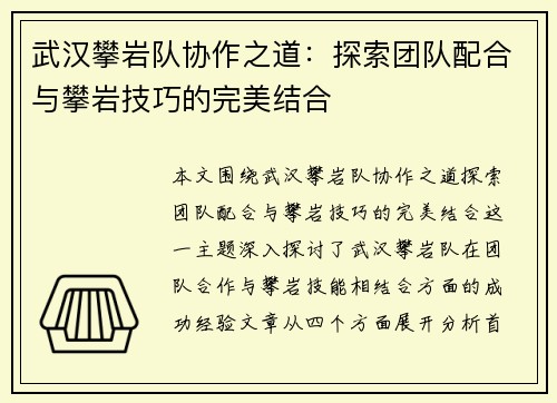 武汉攀岩队协作之道：探索团队配合与攀岩技巧的完美结合